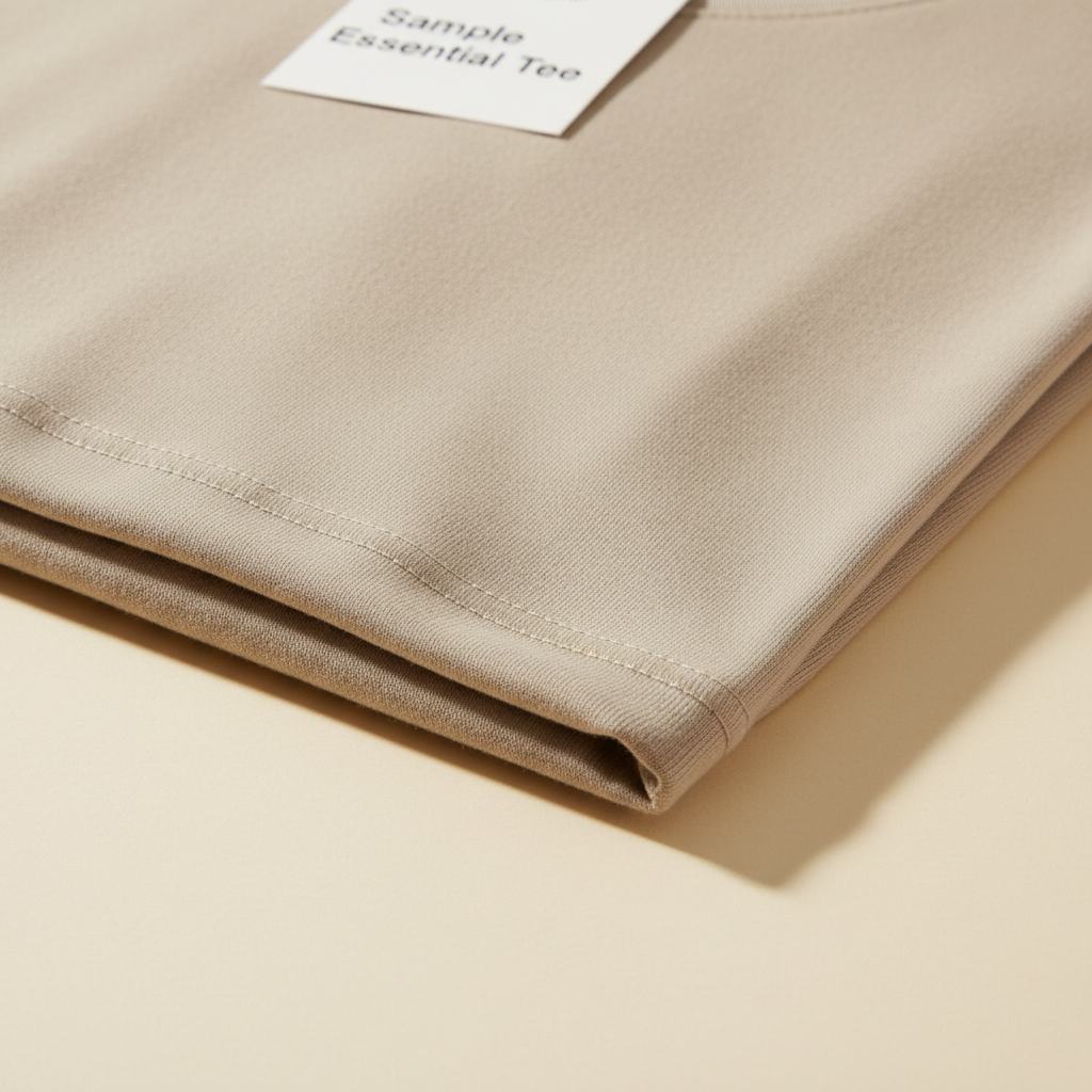 Close-up of neutral beige cotton fabric from the sample essential tee