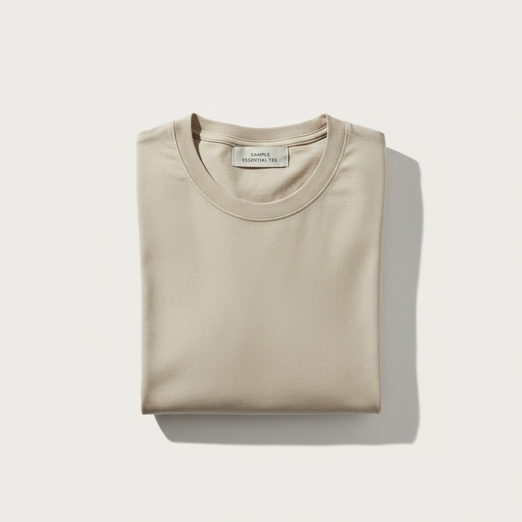 Neutral beige sample essential tee on an off-white background