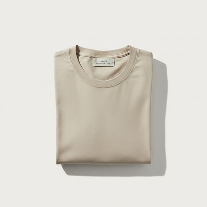 Neutral beige sample essential tee on an off-white background